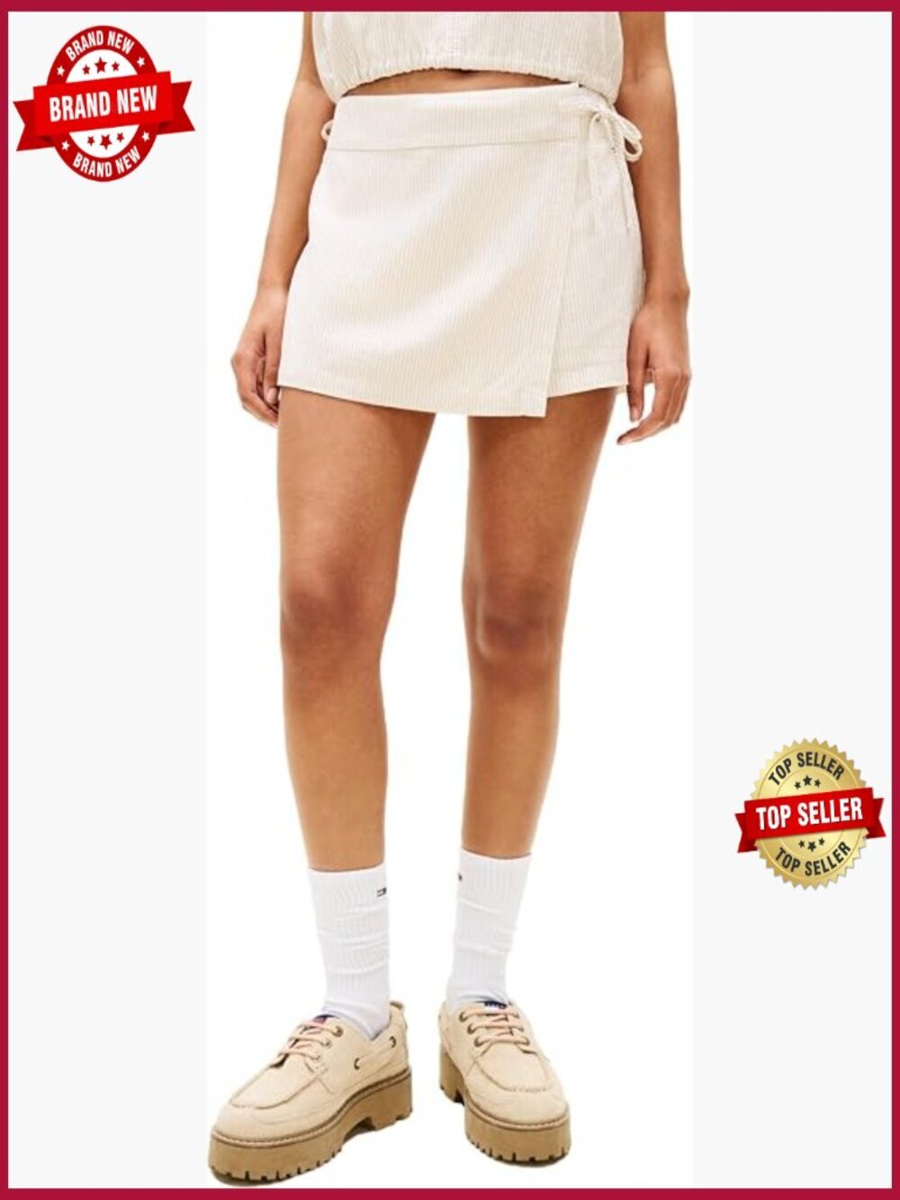 Linen Mini Skort with Adjustable Waist Tie Mid Rise Skort